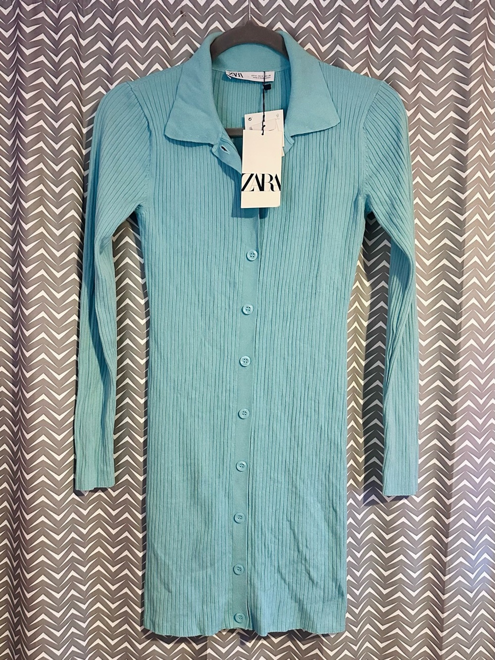 NWT Zara | Light Blue Ribbed Knit Polo Dress, Medium - Picture 3 of 7